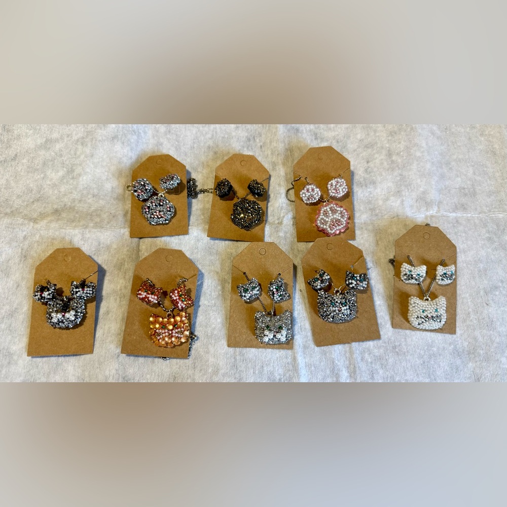Cat and Dog rhinestone custom pendant and earrings
